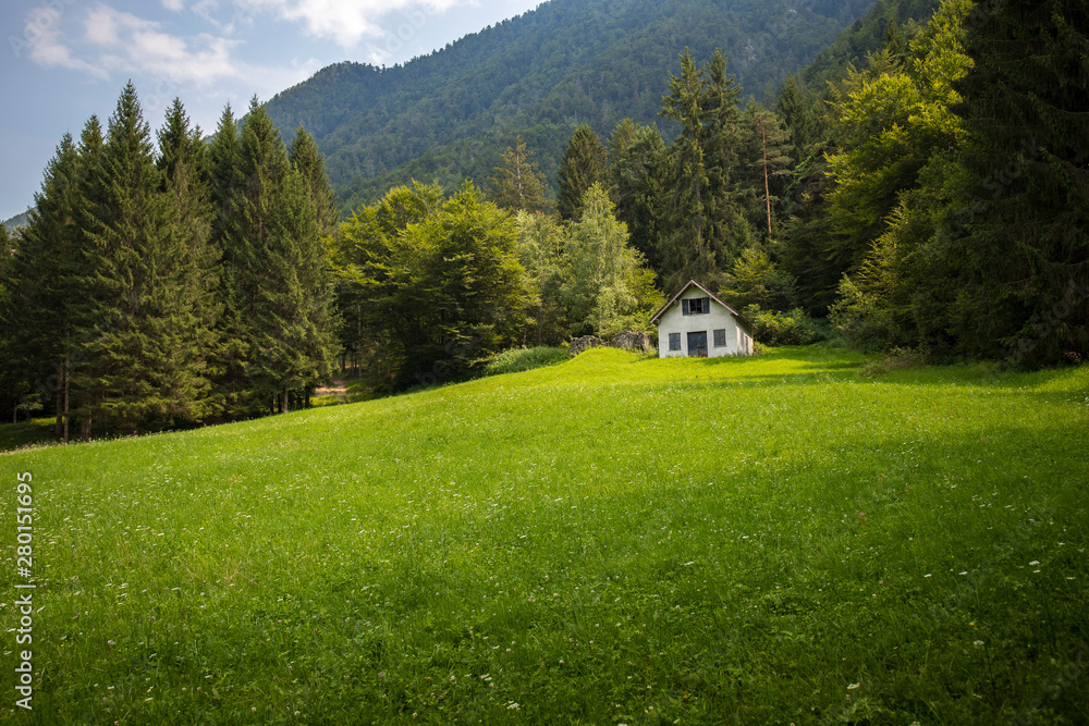Green mountain summer landscape with an isolated white cabin or barn  in the distance across the meadow. Solitude and tranquility background or wallpaper with left copy space.