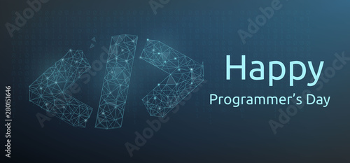 Happy programmer day banner or greeting card with code symbol in polygonal wireframe style. Vector illustration.