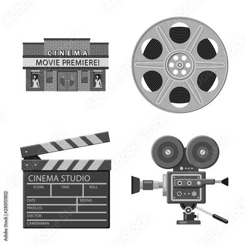 Vector illustration of cinematography and studio sign. Collection of cinematography and filming stock vector illustration.