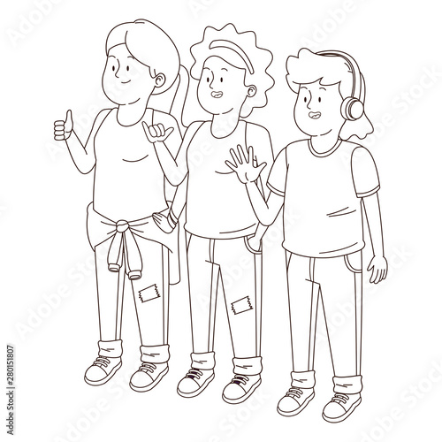 Teenagers friends smiling and greeting in black and white