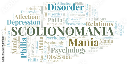 Scolionomania word cloud. Type of mania, made with text only.
