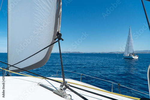 Catamaran sailing at sea in Croatia, Europe