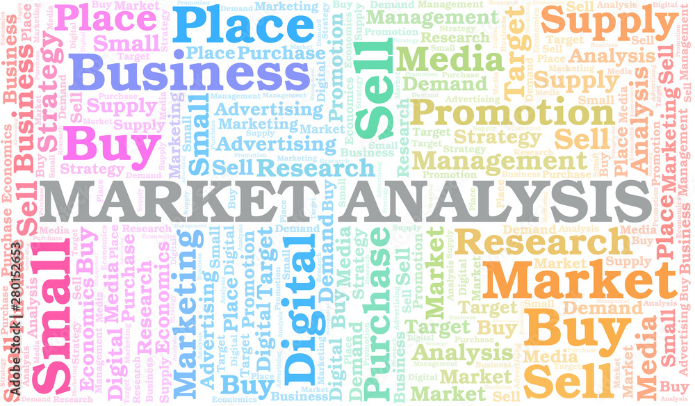 Market Analysis word cloud. Vector made with text only.