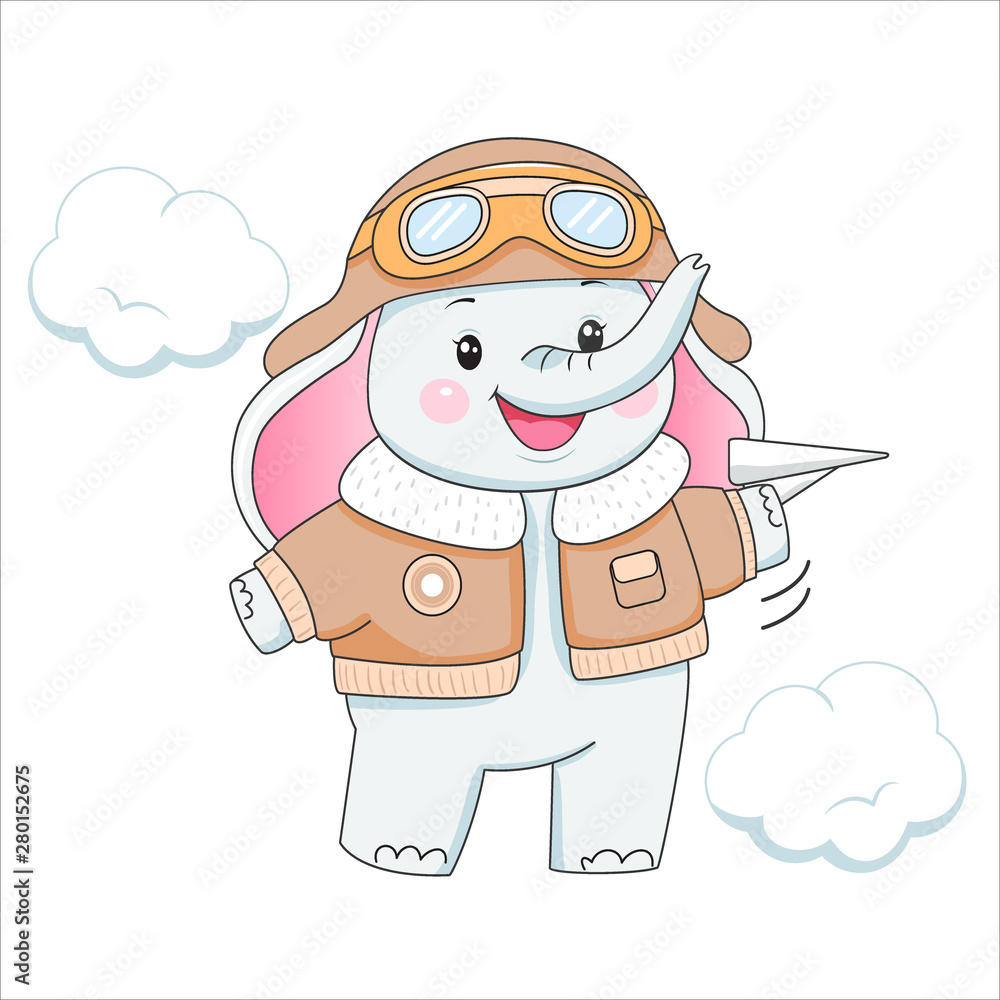 baby elephant in aviator clothes with plane. Children illustration