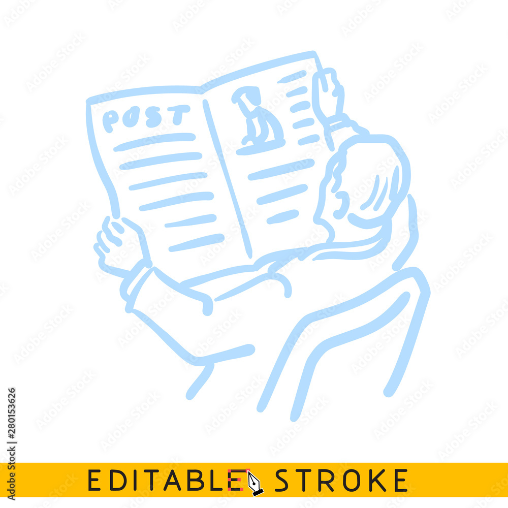 Man reading newspaper. Blue color line doodle sketch. Editable stroke icon. Man reading newspaper. Blue color line doodle sketch. Editable stroke icon.