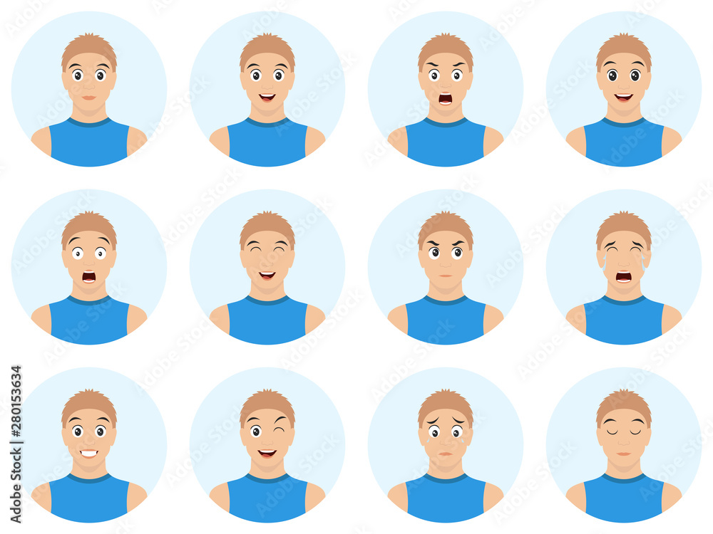 Set of young man avatars expressing various emotions. Vector illustration in cartoon style. Handsome young guy portraits with facial emotions. Set of young man avatars expressing various emotions. Vector illustration in cartoon style. Handsome young guy portraits with facial emotions.