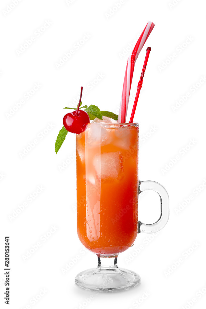 Glass cup of tasty summer cocktail on white background Glass cup of tasty summer cocktail on white background