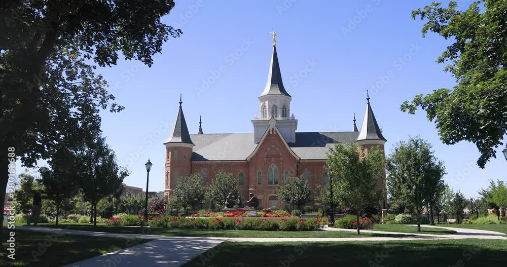Provo Utah LDS Mormon Temple and park religion. Springtime weather. Sacred church, historic building used for religion learning and training. Church of Jesus Christ of Latter-day Saints Provo Utah LDS Mormon Temple and park religion. Springtime weather. Sacred church, historic building used for religion learning and training. Church of Jesus Christ of Latter-day Saints