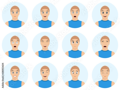 Set of young man avatars expressing various emotions. Vector illustration in cartoon style. Handsome young guy portraits with facial emotions.
