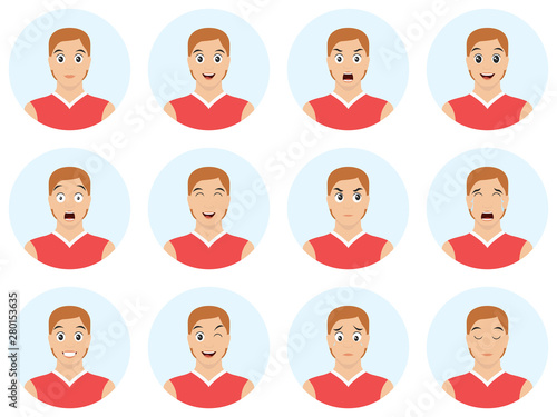 Set young, handsome man emoticons. Man avatars showing different facial expressions. Cartoon style emotion icons. Vector illustration.