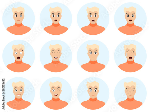 Cartoon handsome young guy vector illustration. Man face avatar set isolated on white background. Vector illustration.