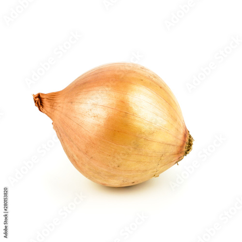 Fresh onion bulbs and onion slices isolated on white background