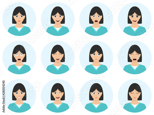 Various portrait girls with facial emotions. Sexy woman face in flat style - different expressions. Cartoon avatar character.