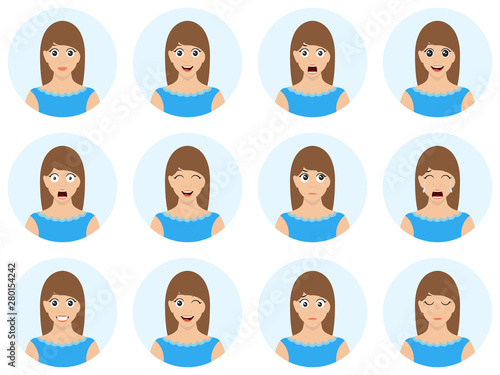 Beautiful girl in blue skirt with different facial expression. Cute and sexy woman avatar. Many various facial emotions. High quality vector illusrration. photo