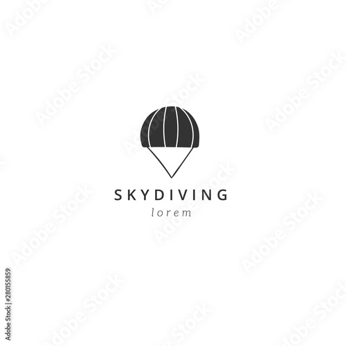 Sky sports logo template with hand drawn vector icon. Parachuting, skydiving.