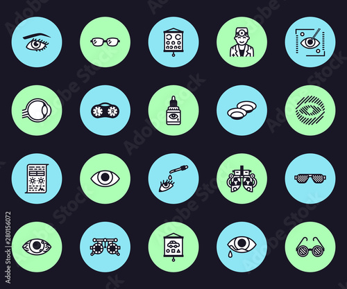 Ophthalmology, eyes health care vector line icons. Optometrist equipment, contact lenses, glasses, blindness, laser surgery. Vision correction thin linear signs for oculist clinic