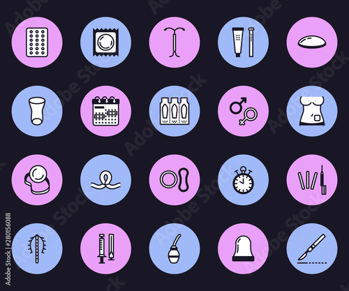 Contraceptive methods line icons. Birth control equipment, condoms, iud, barrier contraception, vaginal ring, sterilization. Safe sex thin linear signs for medical clinic