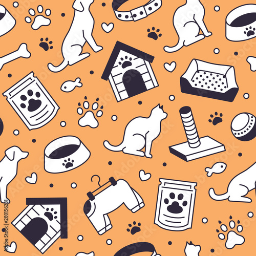 Pet shop vector seamless pattern with flat line icons of dog house, cat food, food bowl, puppy toys, animal paw. Black white orange color background, wallpaper for veterinary clinic