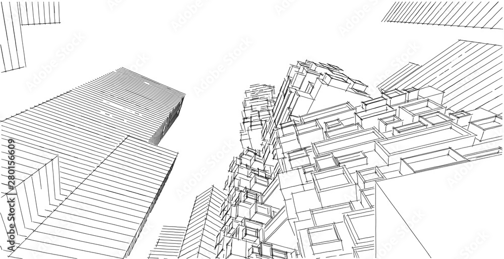 Modern architecture The scenery of the city, high-rise buildings, lines that show the modern, Sketch style. Illustration.
