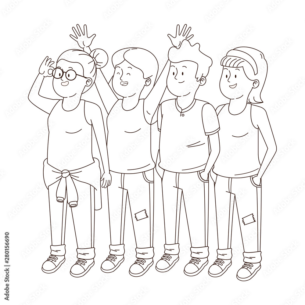 Teenagers friends smiling and greeting in black and white Teenagers friends smiling and greeting in black and white