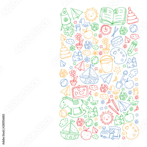 Kindergarten with toys. Pattern for children. Little preschool kids education. Drawing, learning, play