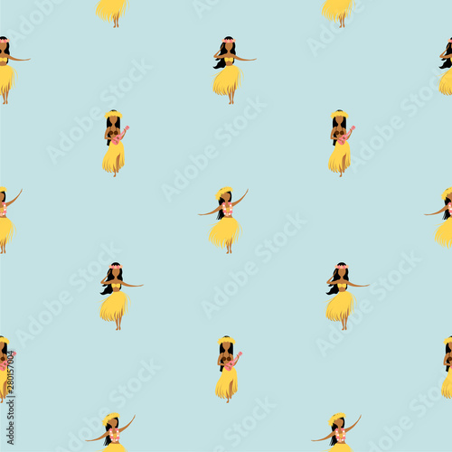 Hawaiian dancer seamless pattern isolated on blue background, vector illustration.