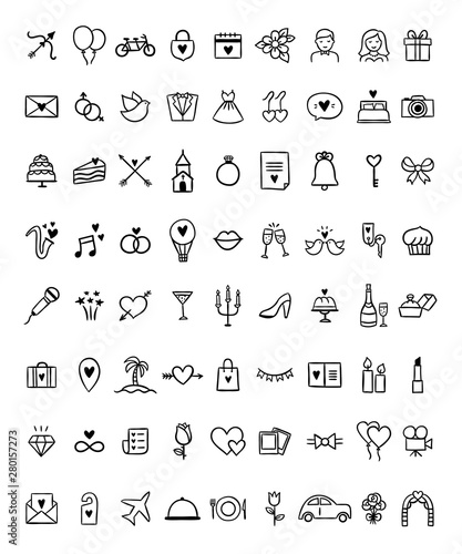 Wedding outline icon set on white background. Hand drawn vector wedding celebration and honey moon illustrations. Cute love symbols