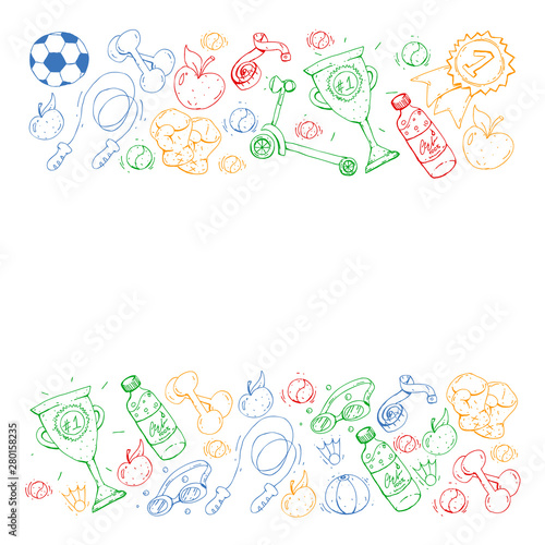 Vector pattern with sport elements. Fitness, games, exercises. Doodle icons in kids drawing style