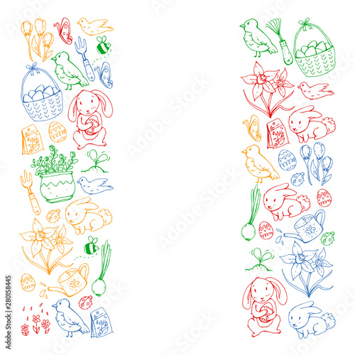 Vector pattern with easter and spring elements. Eggs in basket, bunny, flowers, birds © helen_f
