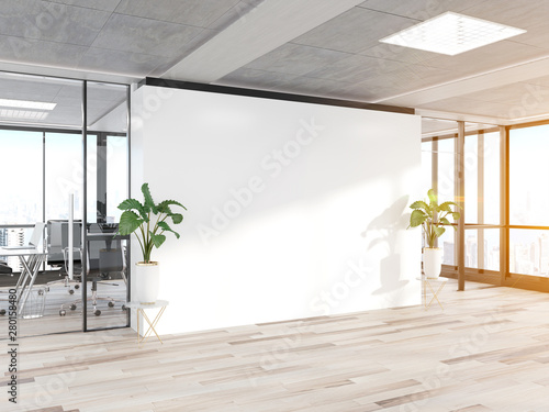 Blank wall in bright concrete office with large windows Mockup 3D rendering © sdecoret