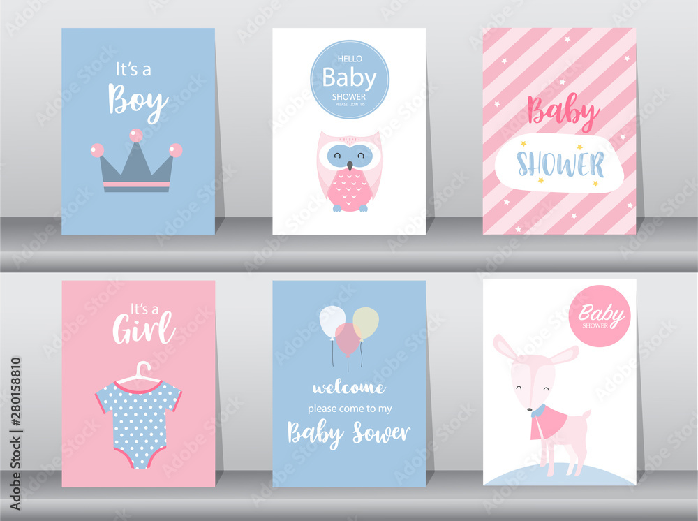 Set of baby shower invitations cards,poster,greeting,template,animal,Vector illustrations
