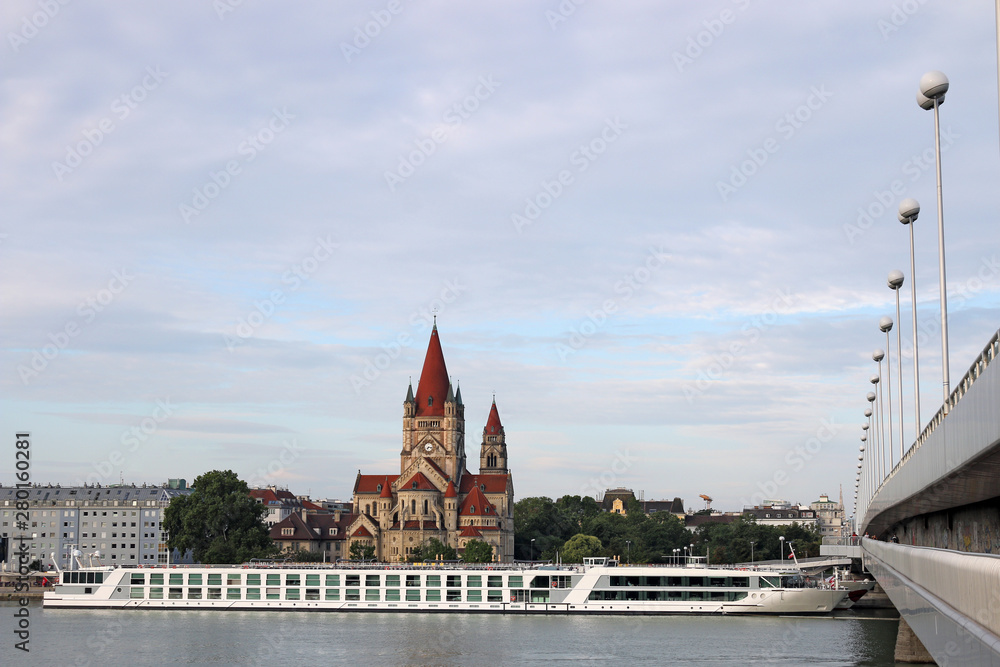 Saint Francis of Assisi Church Danube riverside Vienna cityscape Austria