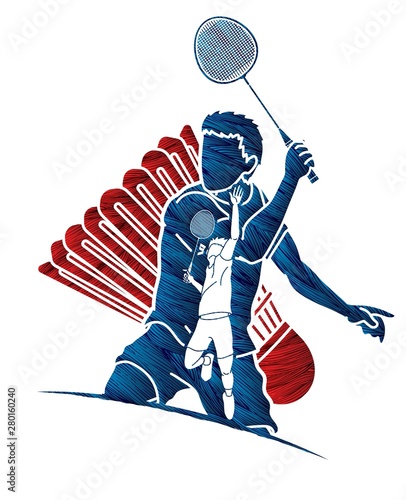 Badminton player action cartoon graphic vector.