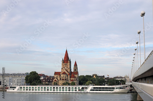 Saint Francis of Assisi Church Danube riverside Vienna cityscape Austria