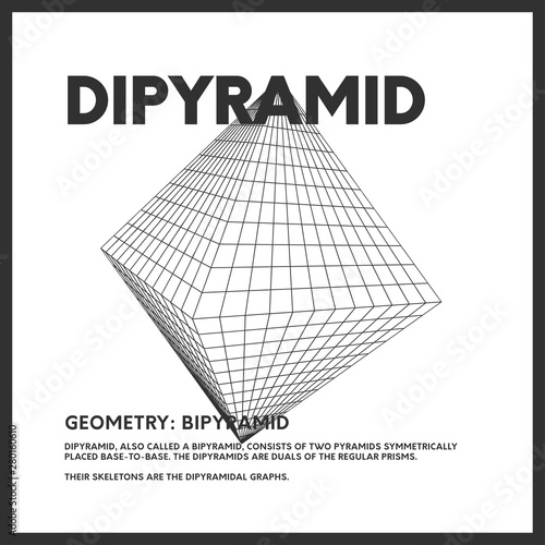 Isolated geometrical low poly bipyramid render. Vector monochrome illustration on light background. Original minimal linear 3D model. EPS10.