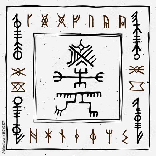 Futhark norse islandic and viking runes set. Magic hand draw symbols as scripted talismans. Vector set of ancient runes of Iceland. Galdrastafir, mystic signs of early North magic. Ethnic norse viking