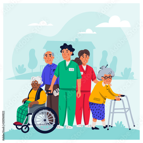 Nursing home concept. Group of elderly people and social workers on white background. Senior people healthcare assistance flat Vector illustration.