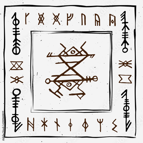 Futhark norse islandic and viking runes set. Magic hand draw symbols as scripted talismans. Vector set of ancient runes of Iceland. Galdrastafir, mystic signs of early North magic. Ethnic norse viking