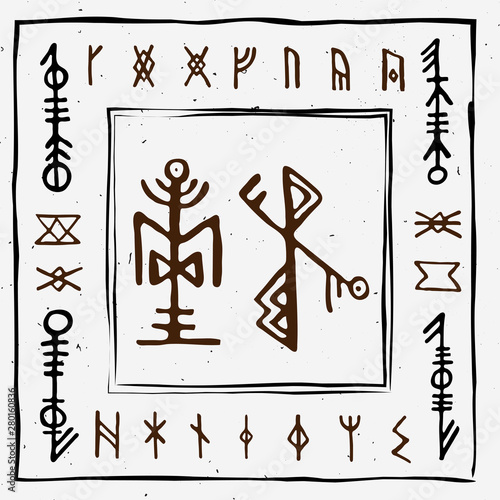 Futhark norse islandic and viking runes set. Magic hand draw symbols as scripted talismans. Vector set of ancient runes of Iceland. Galdrastafir, mystic signs of early North magic. Ethnic norse viking