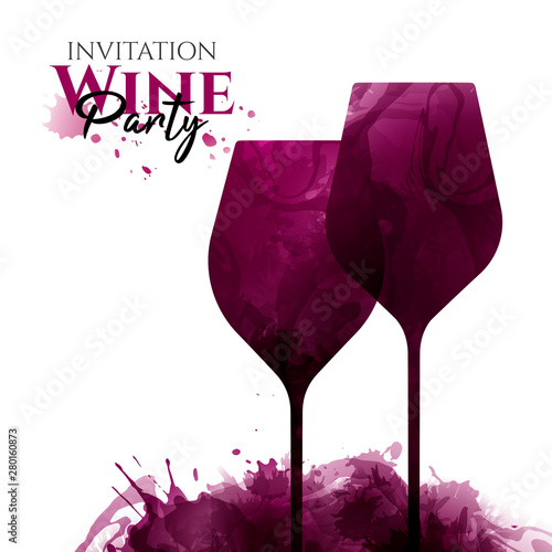 Illustration of two wine glasses with red wine stains, vector. Splashes of wine, liquid, drops, circles of glass. Drawing for wine designs. Event, party, presentation, promotion, menu, book cover.