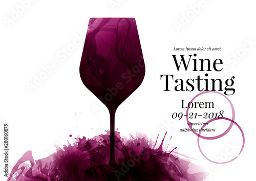 Illustration of one wine glass with red wine stains, vector. Full glass, no people. Splashes of wine, liquid, drops, circles of glass.  Event, party, presentation, promotion, menu, book cover.
