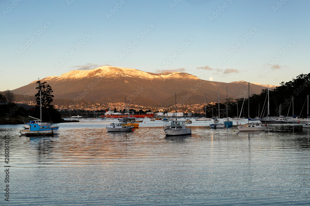 Mount Wellington with snow and Moon