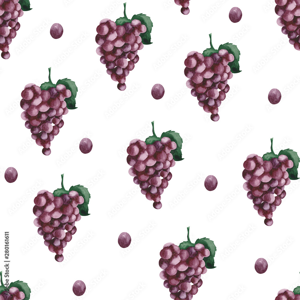 Watercolor pattern with purple grapes on a white background. Watercolor pattern with purple grapes on a white background.