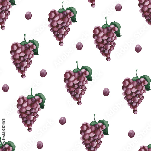 Watercolor pattern with purple grapes on a white background.