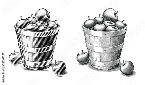 Apple in basket hand drawing vintage style black and white clip art isolated on white background.Compare of simple and complex lines illustration