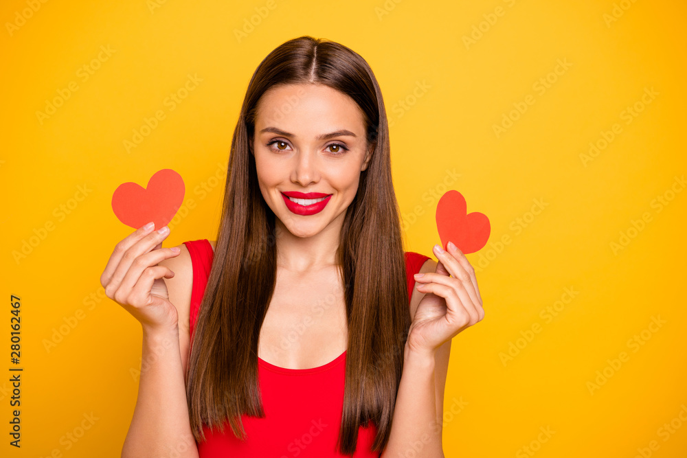 Photo of beautiful lady nice appearance show hold hands little heart shape postcards romance date invitation wear red swim suit isolated yellow background Photo of beautiful lady nice appearance show hold hands little heart shape postcards romance date invitation wear red swim suit isolated yellow background