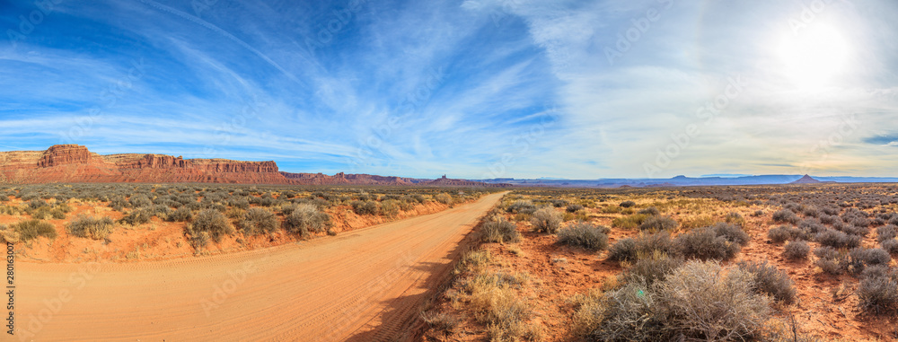Panorama picture of dirt road in Arizona desert