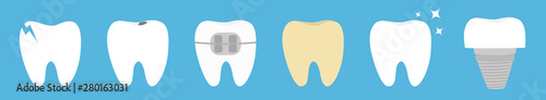 Teeth set line. Cracked, broken, healthy white yellow ill tooth dental implant prosthesis, braces. Shining star. Cute cartoon kawaii icon. Oral dental hygiene. Baby background. Flat