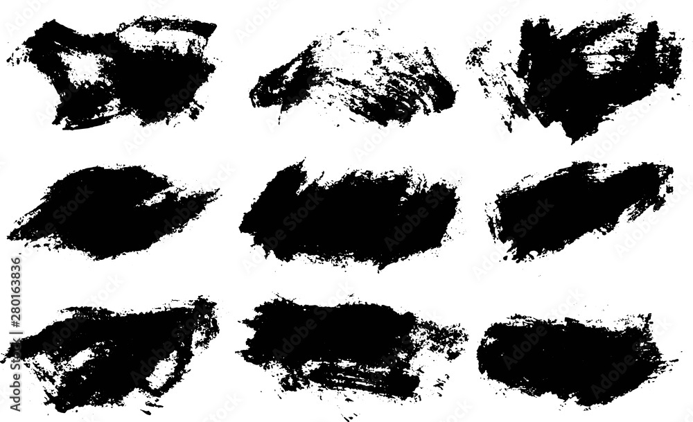 Vetor de Black paint brush strokes, dirty inked grunge art brushes