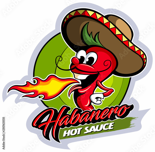 Cartoon style red hot pepper character with sombrero hat, hot sauce vector label.